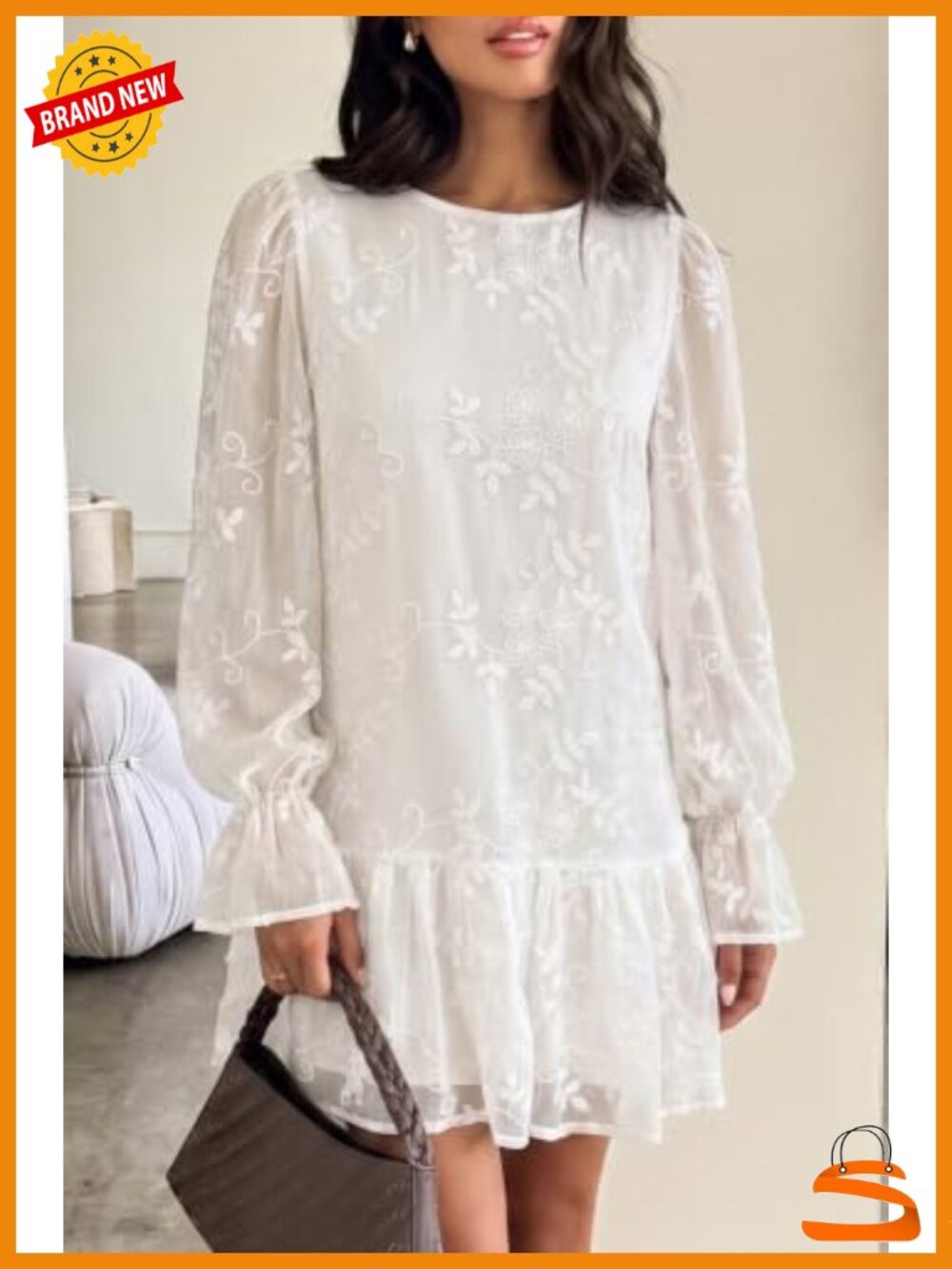 Women's Embroidered Chiffon Mini Babydoll Dress Long Sleeve Boho - Picture 2 of 6